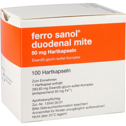 Ferro Sanol acaro duodenale 50mg senza succo gastrico. 100 pz  ( Ferro Sanol duodenal mite 50mg magensaftres. 100 stk )