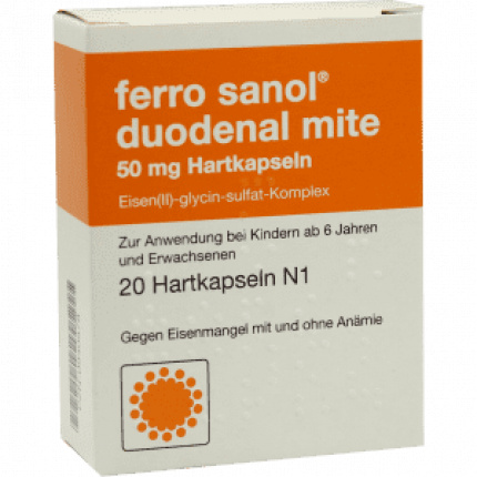 Ferro Sanol acaro duodenale 50mg senza succo gastrico. 20 pz  (Ferro Sanol duodenal mite 50mg magensaftres. 20 stk)