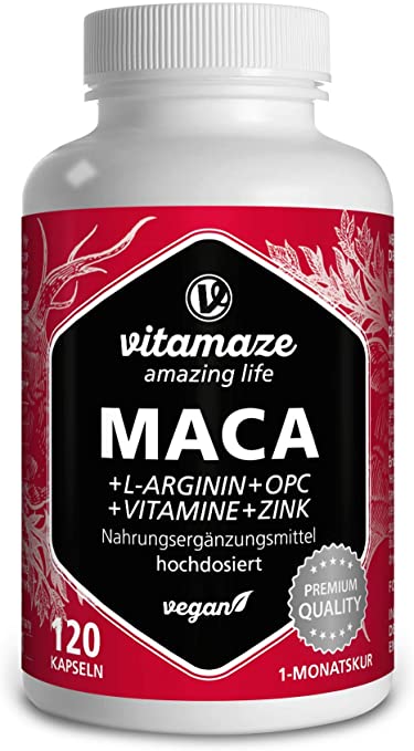 Maca 10:1 ad alto dosaggio + L-arginina+OPC+Vit. Vegano 120 pz  (  Maca 10:1 hochdosiert + L-Arginin+OPC+Vit. Vegan  120 stk )
